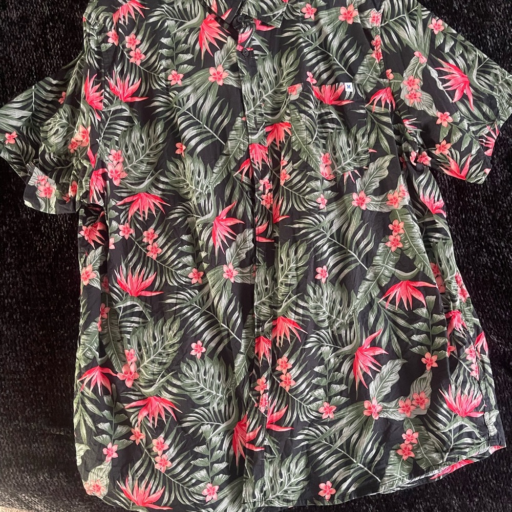 Hurley Black Floral Shirt with Pink and Green Accents